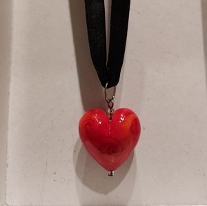 Red Puffed Heart Ribbon Necklace